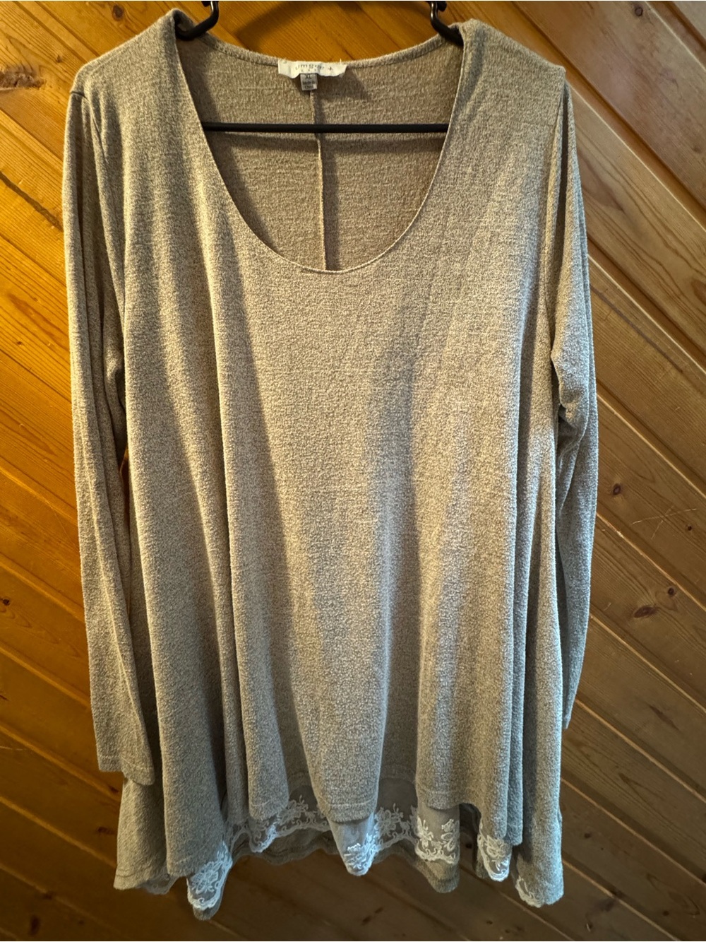 Umgee Taupe Scoop Neck Lace-Hem Long Sleeve Tunic